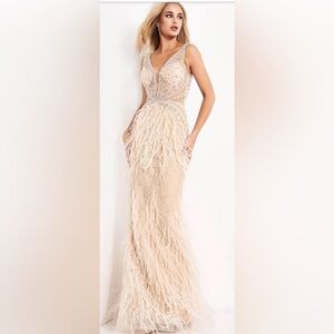 Jovani - 03023 Sheer Bodice Beaded Adorned Feather Fitted Evening Gown